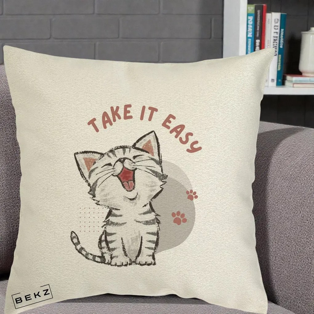 Perna Personalizata Take It Easy Cat, 40x40 cm, Ecru, Husa Detasabila, Perna Inclusa, BEKZ®