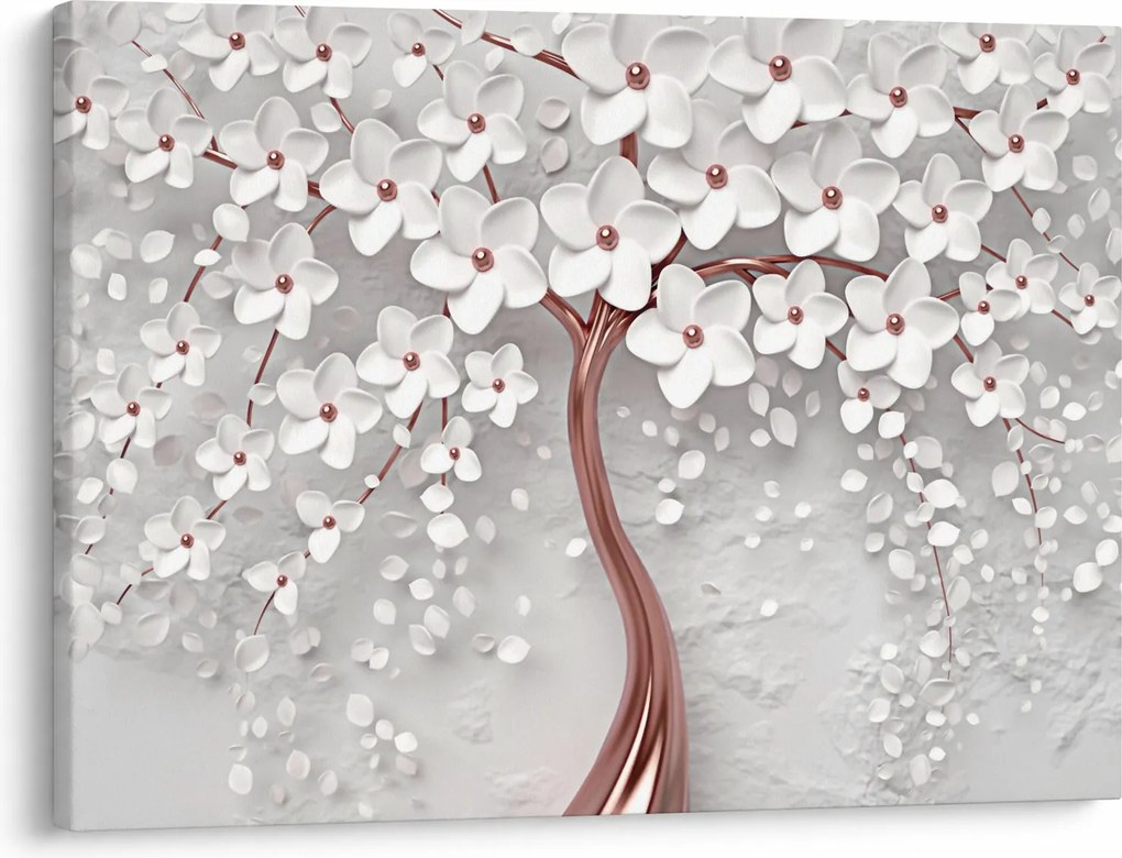 Tablou - Imaginea copacului alb cu flori albe, rosegold (70x50 cm)