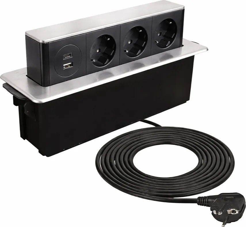 Priza incorporabila in blat Hop Box Design Light, 3 prize Schuko, USB A + C, otel inoxidabil periat   negru, 273 x 93 mm Metal Plastic, Otel