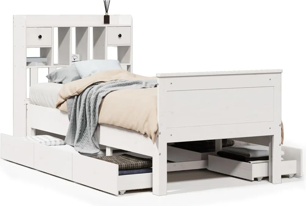 vidaXL Pat cu bibliotecă fără saltea, alb, 90x190 cm, lemn masiv pin