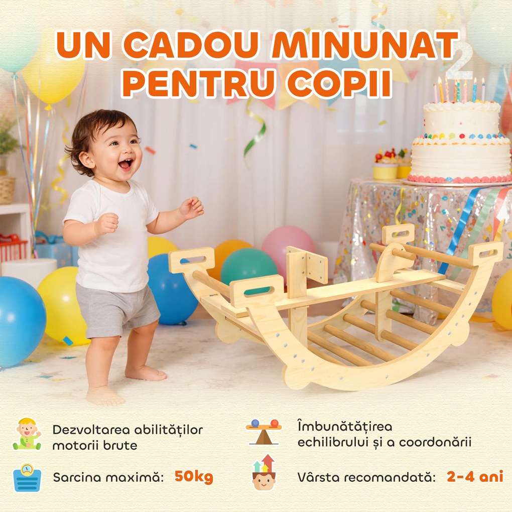 AIYAPLAY Arc Montessori din Lemn pentru Copii 2-4 Ani, Convertibil în Balansoar, Joc de Cățărare, 110x52x45 cm, culoare Lemn | Aosom Romania