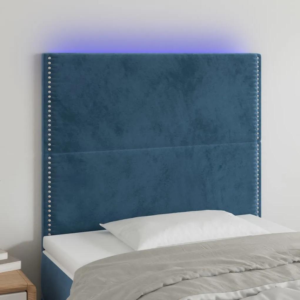 3122330 vidaXL Tăblie de pat cu LED, albastru închis, 100x5x118/128cm, catifea
