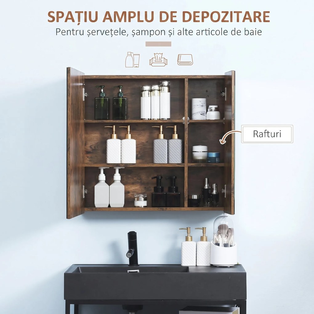 Kleankin Oglindă de Baie cu Lumini LED Reglabile, Dulap de Baie cu 2 Uși cu Oglindă și Raft Reglabil, 70x15x65 cm, Maro | Aosom Romania