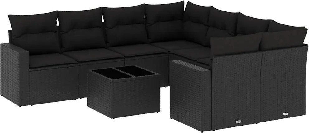 vidaXL Set mobilier de grădină cu perne, 9 piese, negru, poliratan