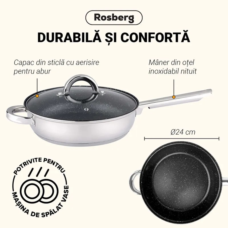 Tigaie cu capac Rosberg R51210L24TM, 24x6,5 cm, Acoperire marmura, Inductie, Inox