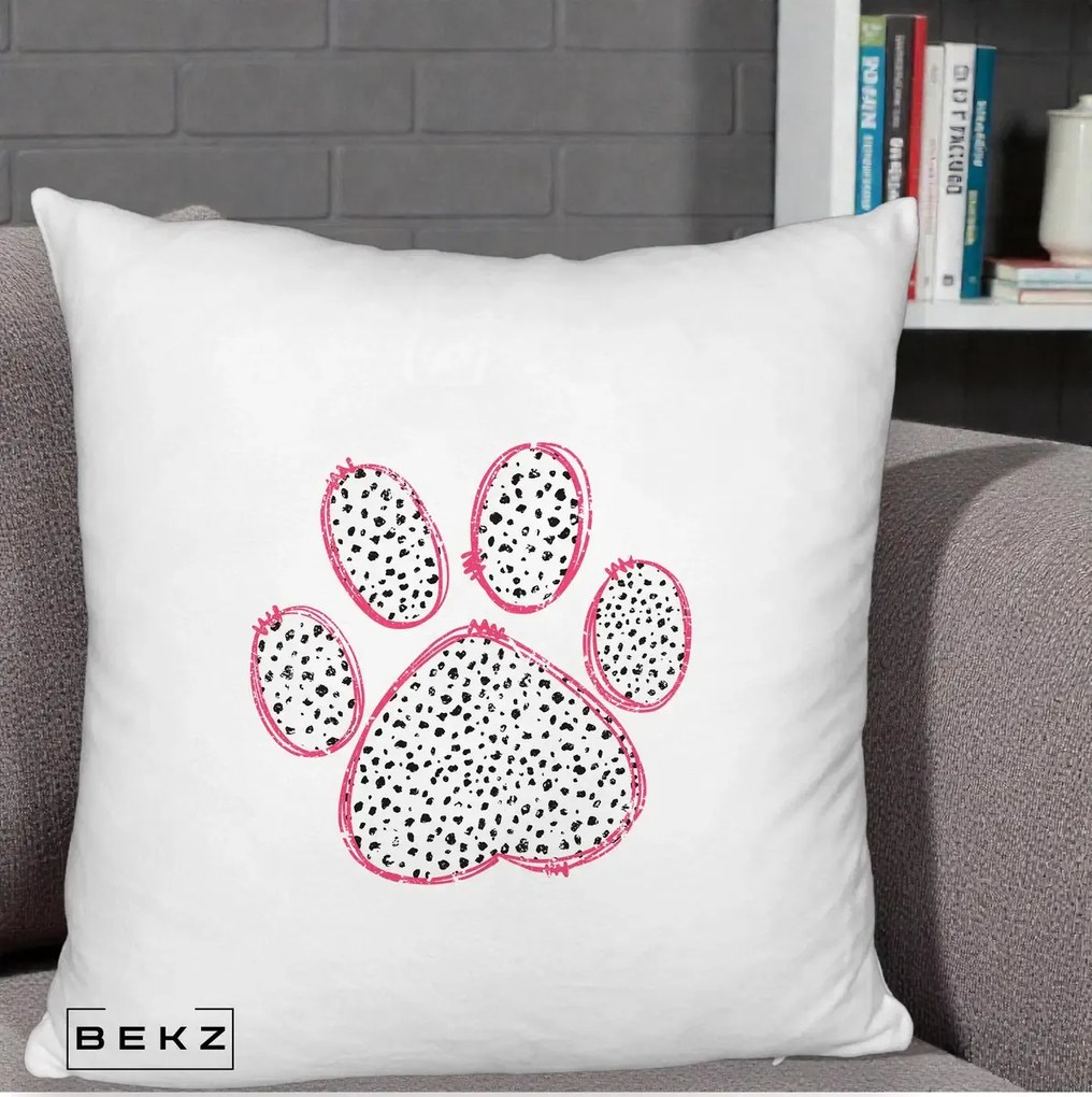 Perna Personalizata Labuta Dalmatian Roz Neon, 40x40 cm, Alb Pufos, Husa Detasabila, Perna Inclusa, BEKZ®
