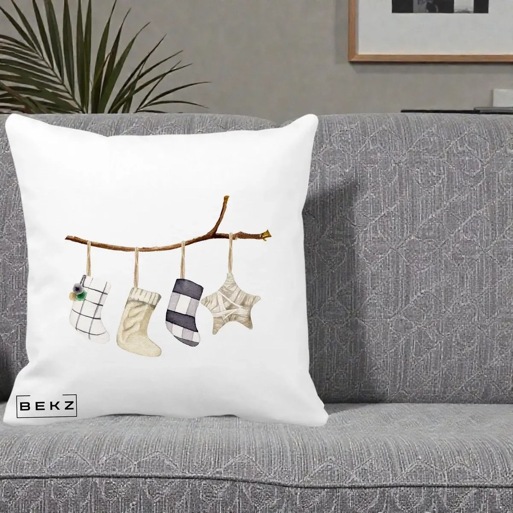 Perna Decorativa Ciorapi de Craciun pe Ramura, 40x40 cm, Alba Mata, Husa Detasabila, Perna Inclusa, BEKZ®