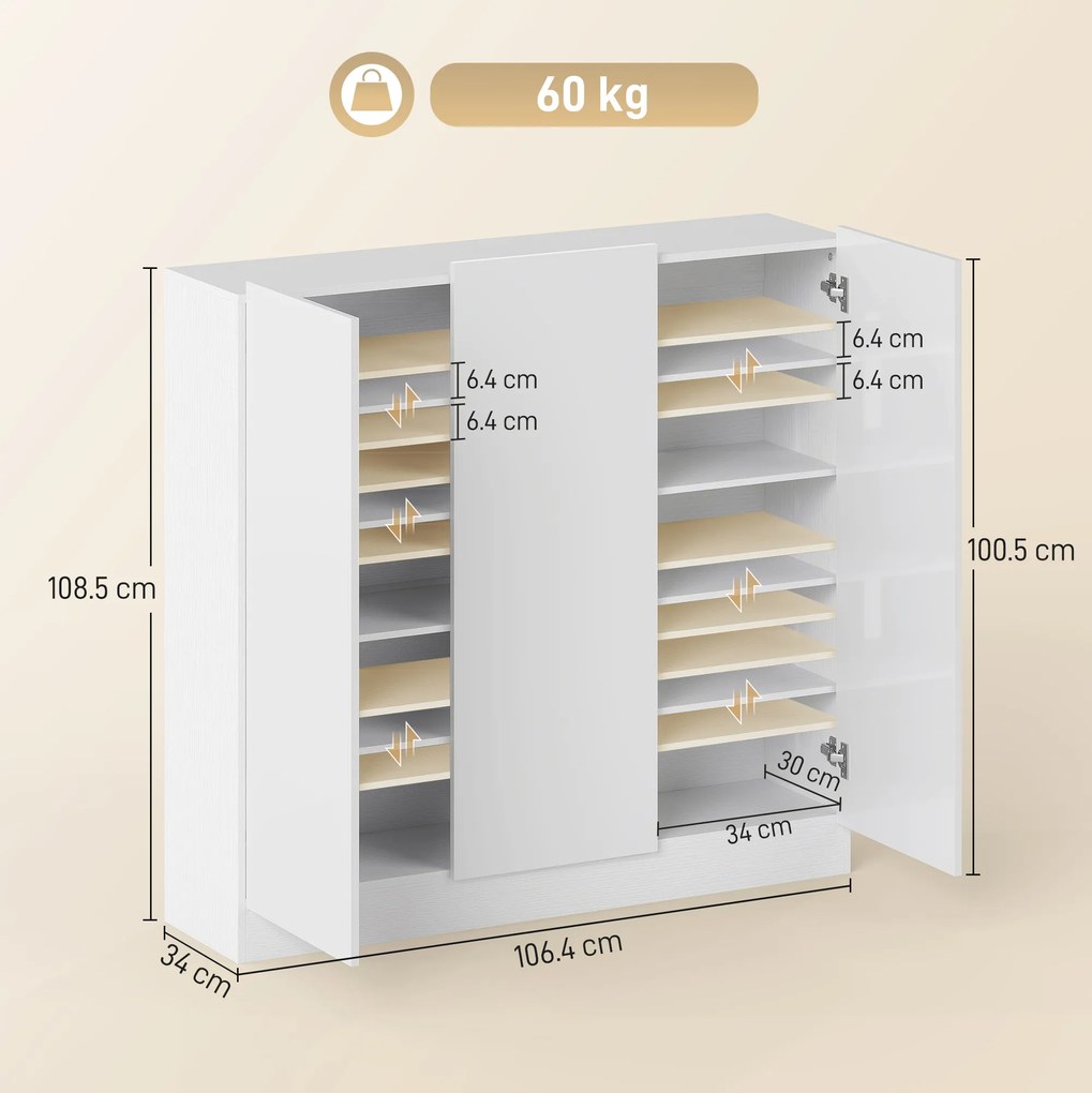 HOMCOM Dulap de Pantofi pentru 25-30 de Pantofi cu Uși Amortizate, Alb Lucios | Aosom Romania