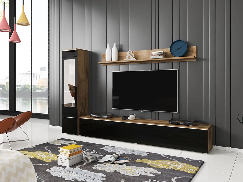 Mobilier living Selwyn I (wotan + Negru lucios ) (iluminat LED Alb). 1054033