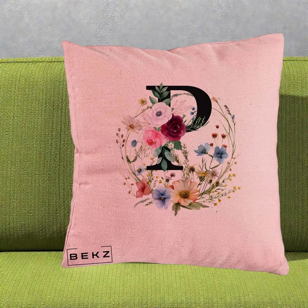 Cadou Personalizat - Perna Personalizata Monogram Litera P cu Flori Acuarela, 40x40 cm, Roz, Husa Detasabila, Perna Inclusa, BEKZ®