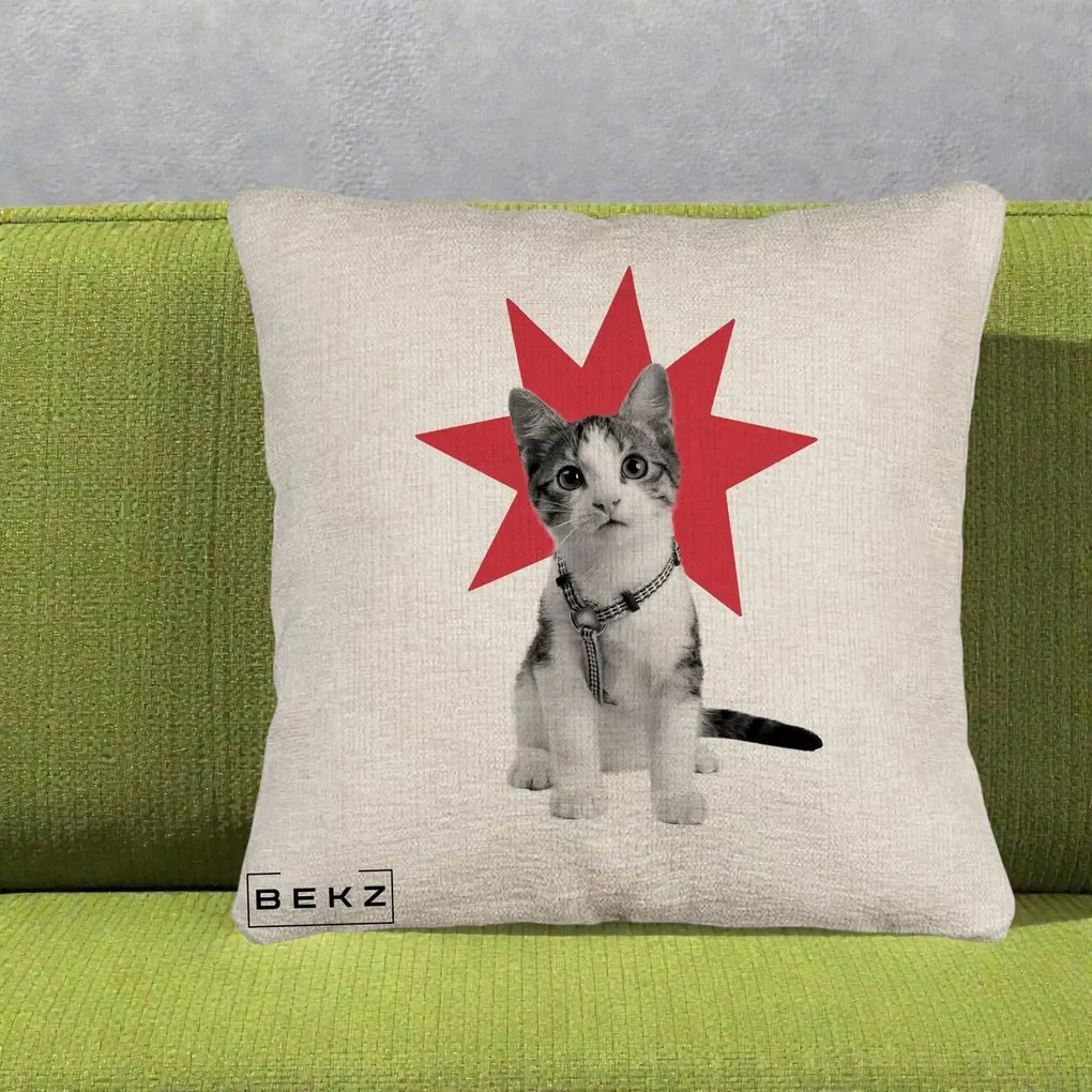 Perna Decorativa Pisica Star Pop Art, 40x40 cm, Bej Canapea, Husa Detasabila, Perna Inclusa, BEKZ®