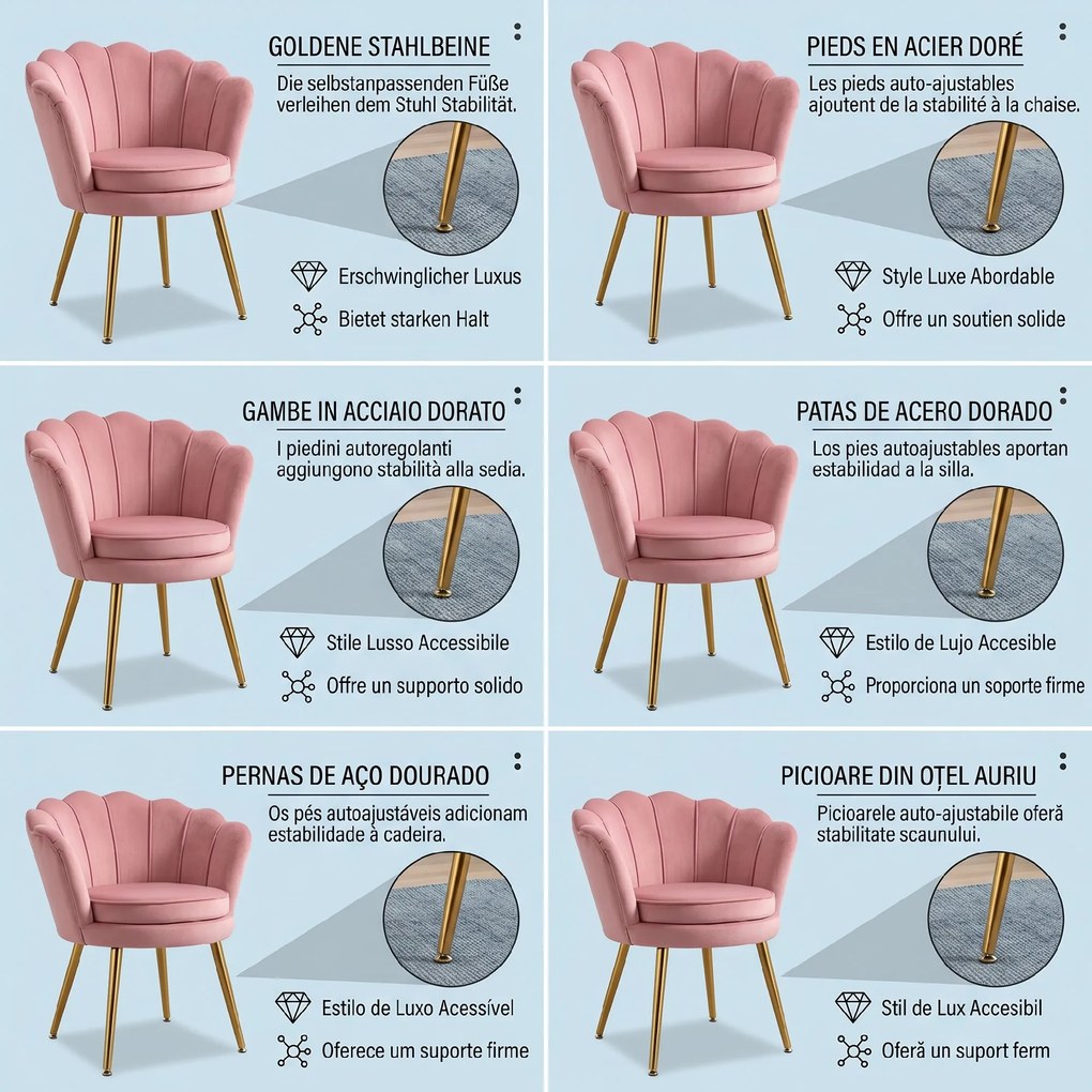 HOMCOM Scaun Imbottit Tip Scoică din Catifea, Scaunel Vintage cu Picioare Aurite, Scaun de Machiaj pentru Cameră și Sufragerie, Roz | Aosom Romania