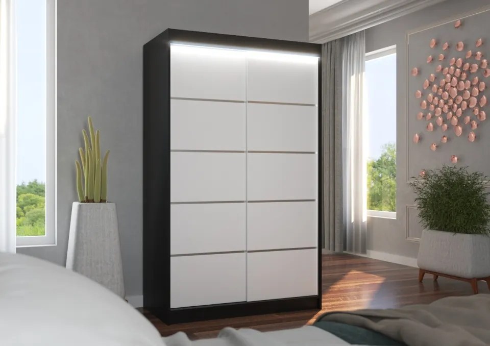 Dulap cu usi glisante si iluminare LED, Benisso 120 + LED, 120 cmx200 cmx58 cm, ADRK Furniture (Culoare: Negru / Alb)