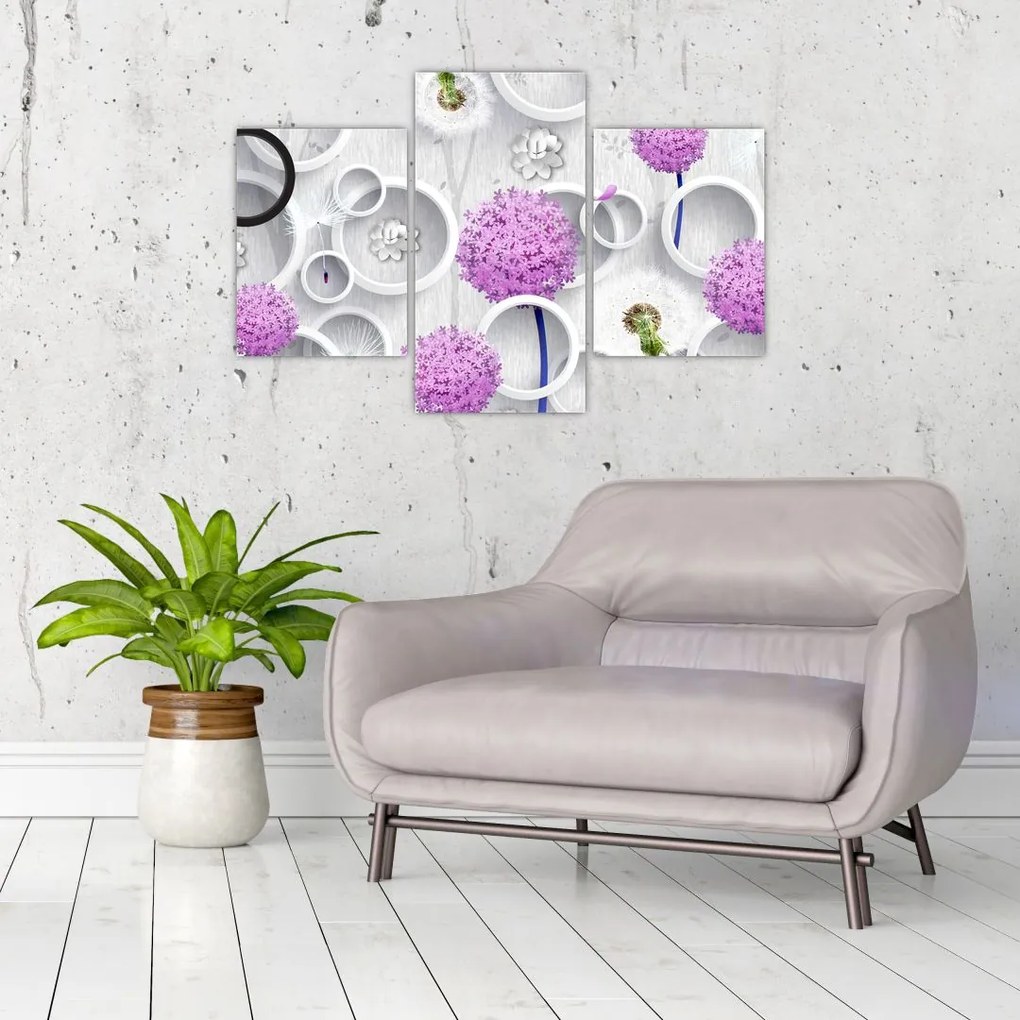 Tablou cu abstracție 3D cu cercuri și flori (90x60 cm)