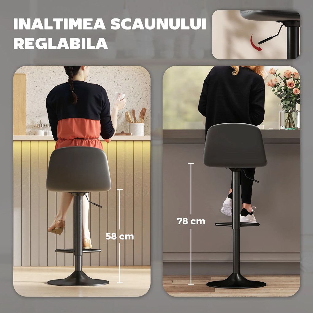 HOMCOM Set 2 Scaune de Bar cu Spătar și Înălțime Reglabilă din Piele PU Neagră | Aosom Romania