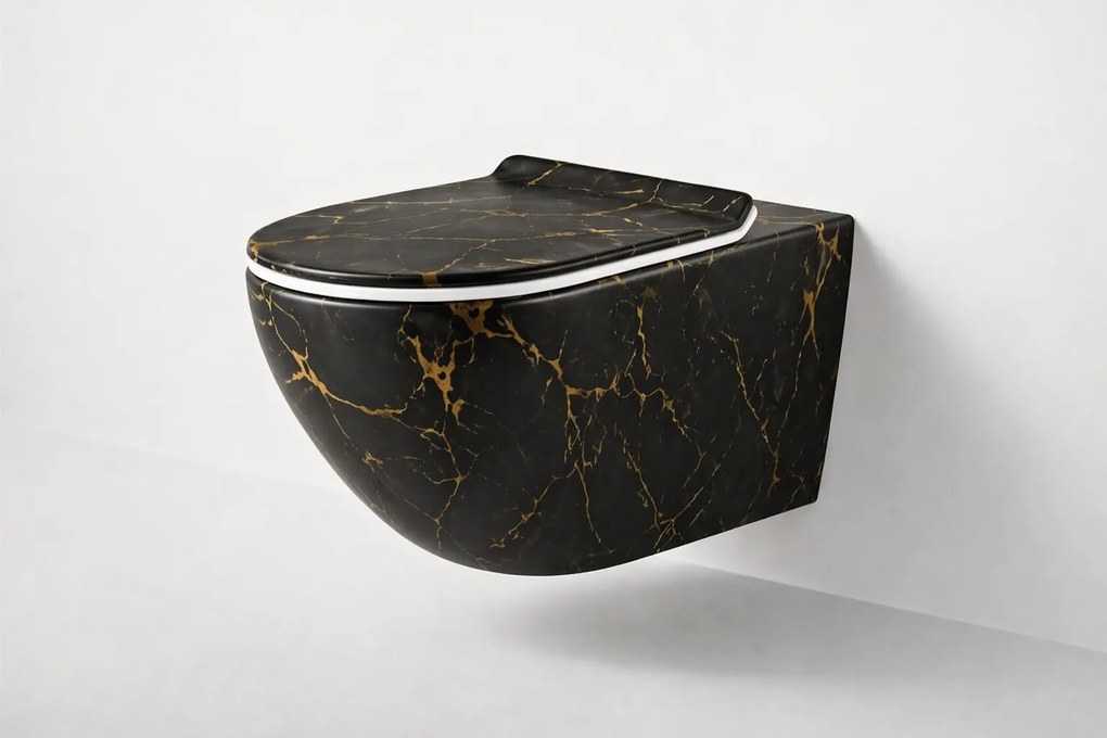Vas WC suspendat negru cu finisaj marmorat auriu, capac duroplast soft-close