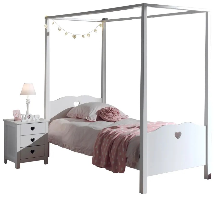 Set Pat cu Baldachin și Noptieră AMORI, 2 Piese, 90x200 cm, Alb (Pin Masiv și MDF) – Vipack