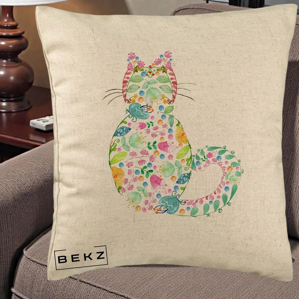 Perna Decorativa Pisica Florala Acuarela, 40x40 cm, Bej, Husa Detasabila, Perna Inclusa, BEKZ®