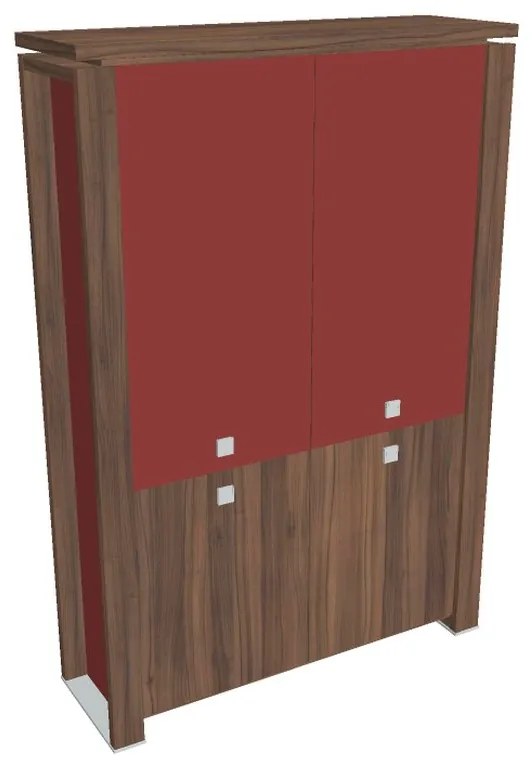 Dulap înalt Verno+ S 140 x 46 x 210 cm, uși combinate, nuc / roșu