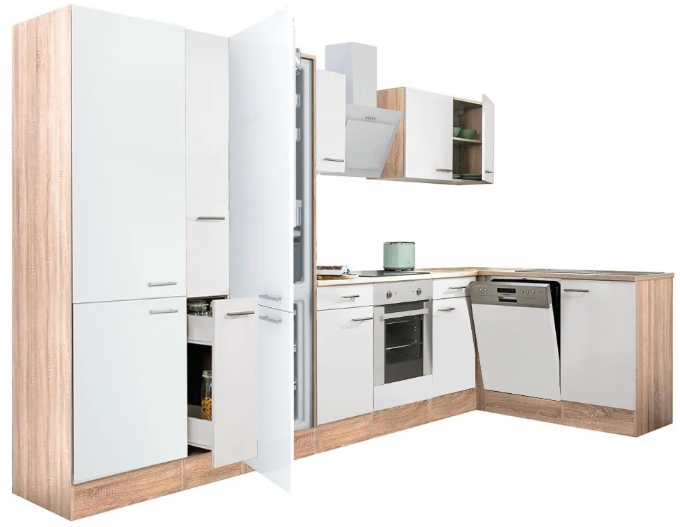 Mobilă de bucătărie de colț Yorki 370, corp din stejar sonoma, față alb satinat, element cuptor inferior, dulap cu rafturi, frigider congelator inferior