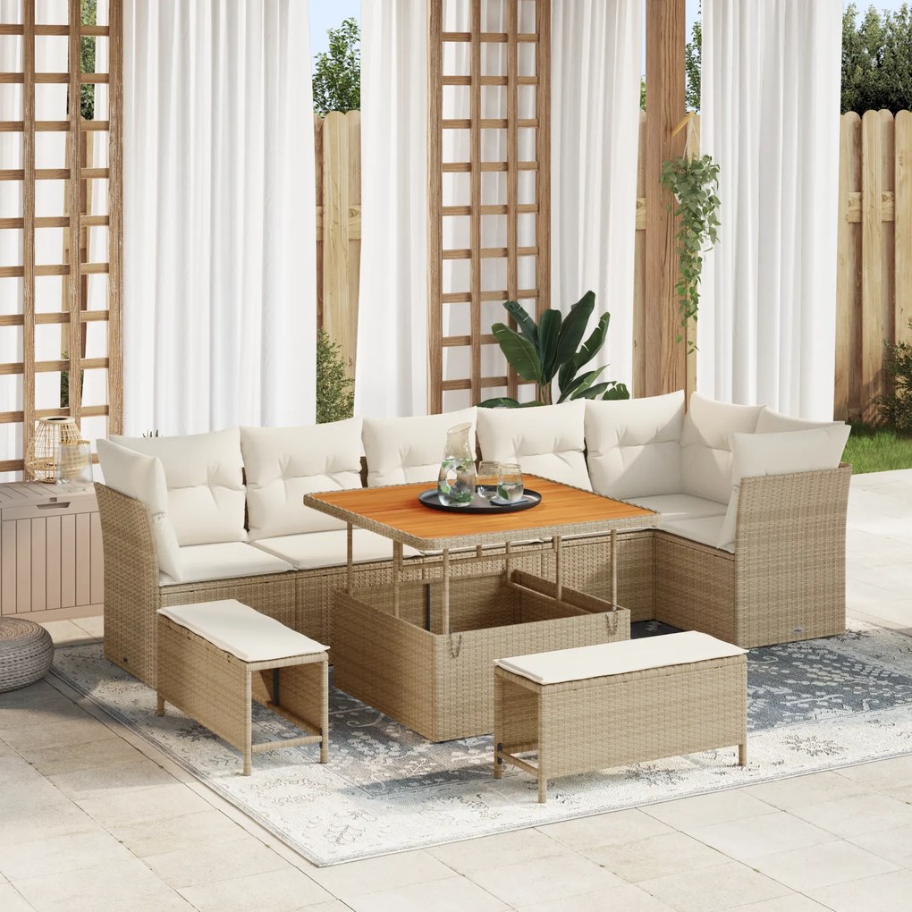 vidaXL Set de canapele de grădină , 9 piese, cu perne bej, din rattan poliesteric și acacia