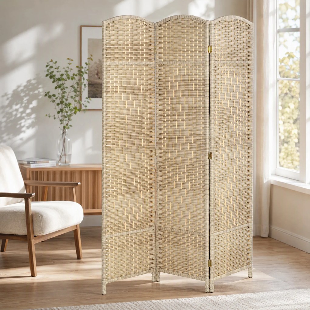 HOMCOM Paravan Interior cu 3 Panouri Pliabil, 135x180 cm, Separatoare Împletit din PP și Lemn de Pin, Stejar | Aosom Romania