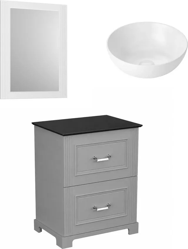 Set dulap baza pe pardoseala Krofam Oxford gri 60 cm blat negru cu lavoar 39 cm si oglinda