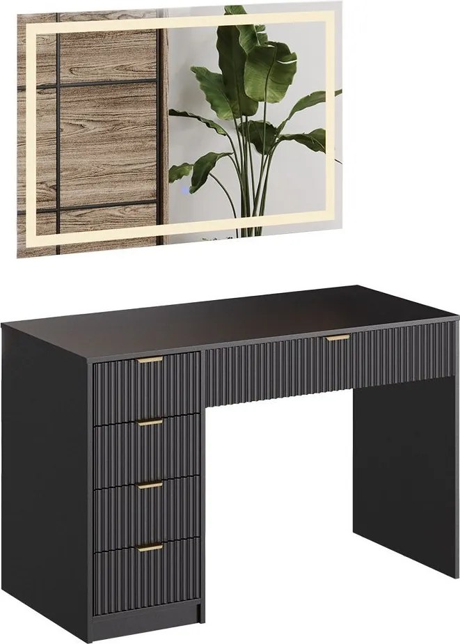 Masuta machiaj neagra cu Oglinda LED si 5 Sertare pentru Cosmetice, Set Masa toaleta 120 cm, masuta vanity cu Riflaj, cosmetica- SEN250