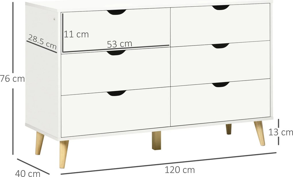 HOMCOM Comodă cu 6 Sertare și Mânere, Comodă din Lemn de Pin și Melamină, 120x40x76 cm, Alb