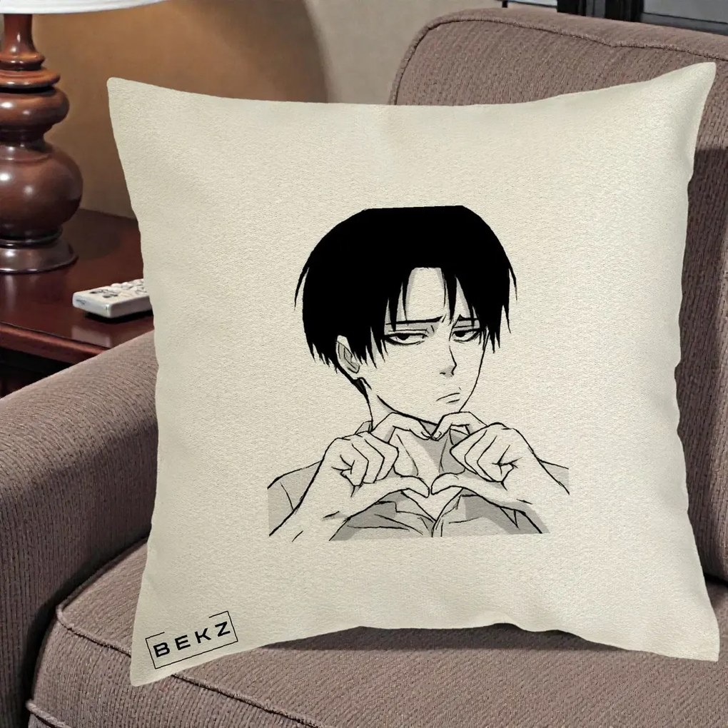 Perna Personalizata Levi Ackerman Inima, 40x40 cm, Ecru, Husa Detasabila, Perna Inclusa, BEKZ®