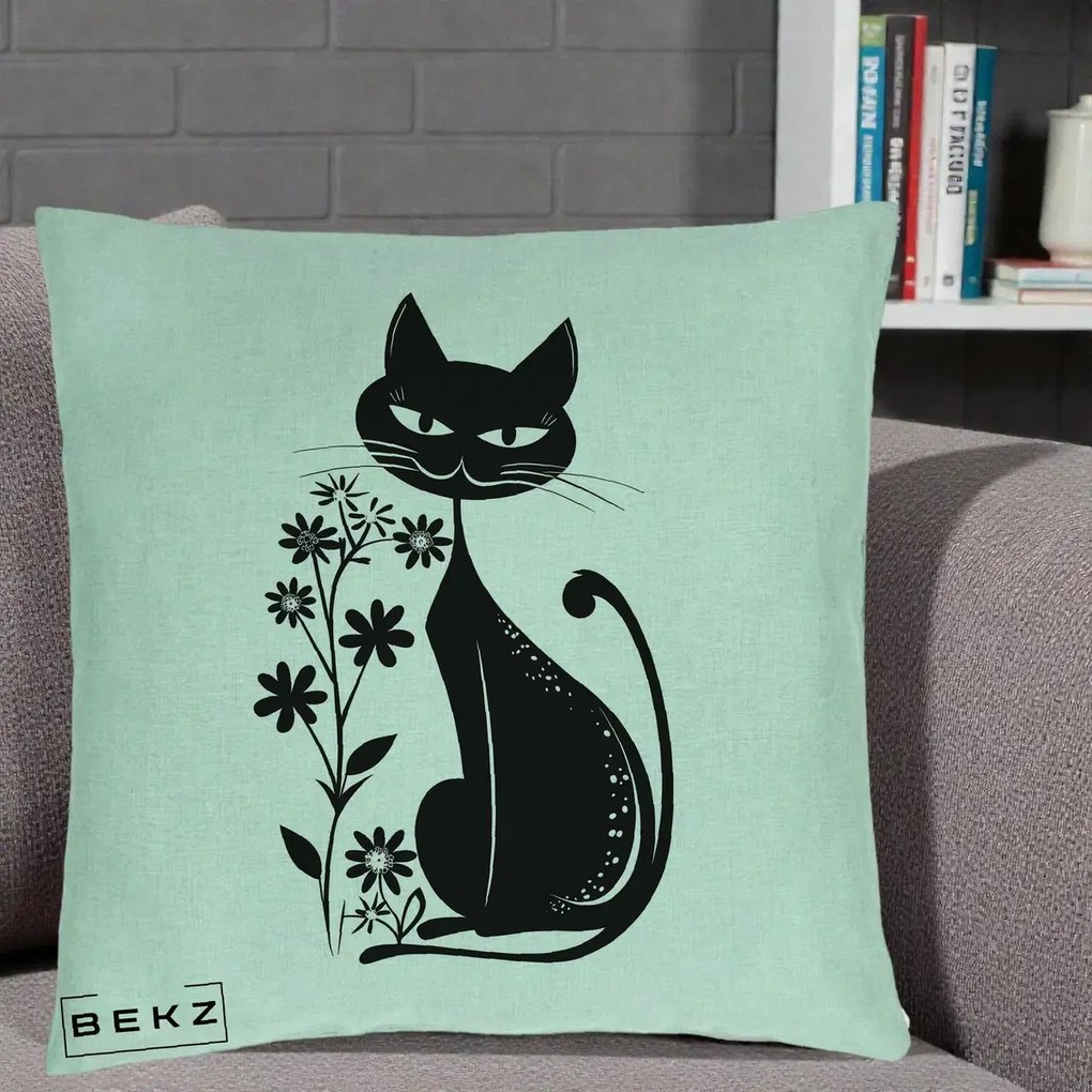 Perna Decorativa Pisica Neagra Grafica Minimalista, 40x40 cm, Verde Menta, Husa Detasabila, Perna Inclusa, BEKZ®