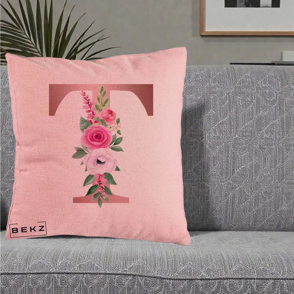 Cadou Personalizat - Perna Personalizata Monograma Rose Gold Litera T, 40x40 cm, Roz, Husa Detasabila, Perna Inclusa, BEKZ®