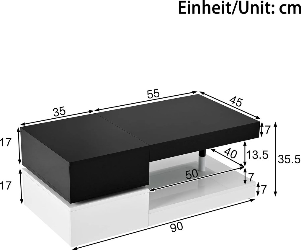 Masă de cafea cu iluminare ambientală LED, poliță din sticlă &amp; finisaj lucios, 90x45x35,5 cm, Negru+Alb