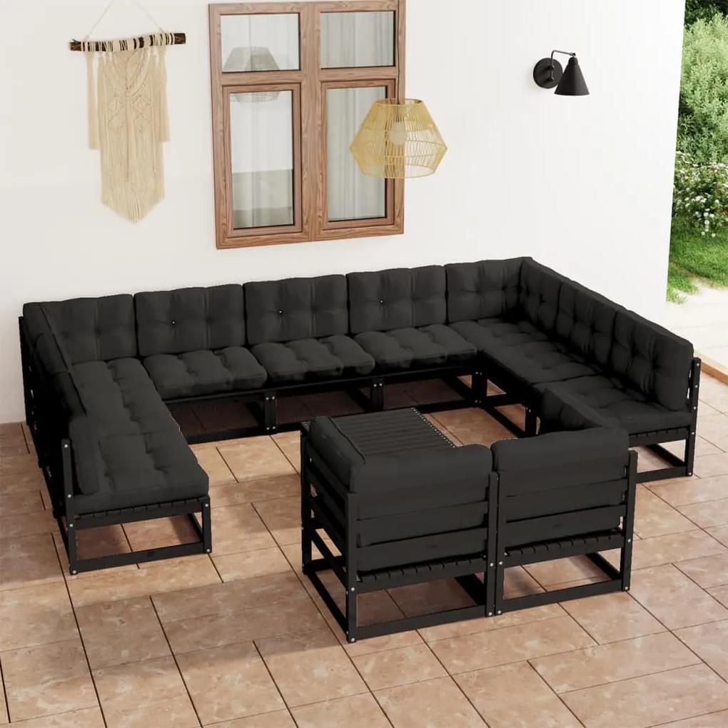 3077273 vidaXL Set mobilier grădină cu perne, 12 piese, negru, lemn masiv pin