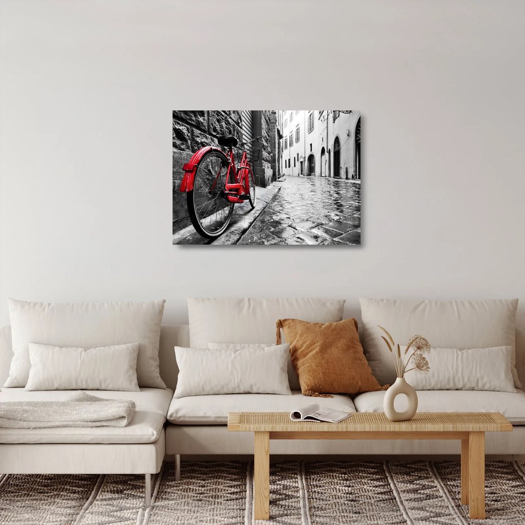 Tablou pe sticlă - Bicicleta roșie pe o stradă pavată (70x50 cm)