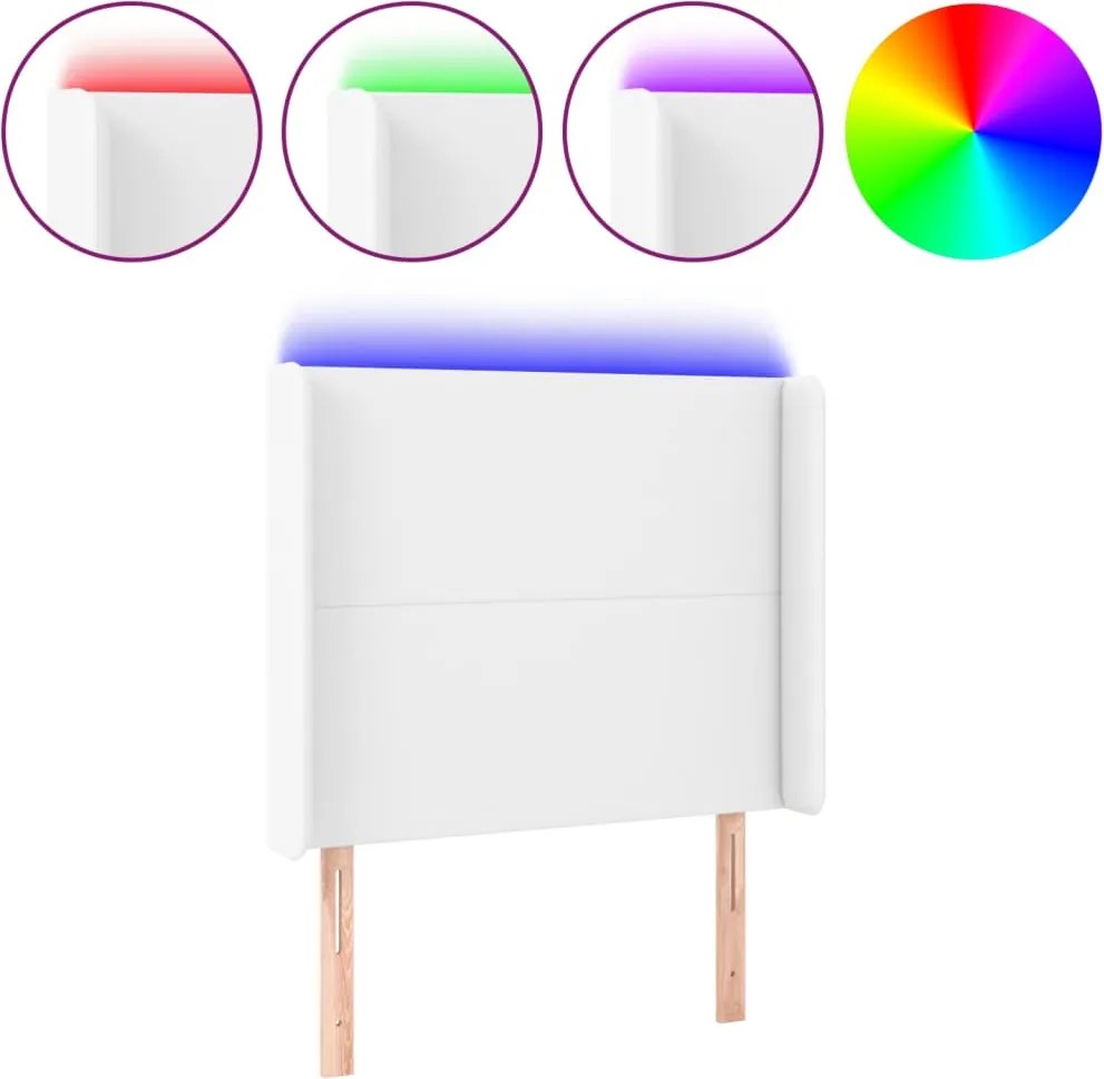 vidaXL Tăblie de pat cu LED, alb, 103x16x118/128 cm, piele ecologică