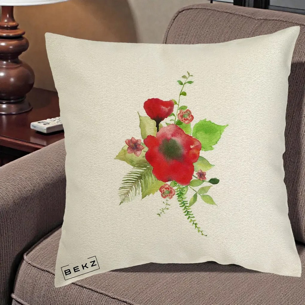 Perna Decorativa Buchet Rosu Acuarela, 40x40 cm, Ecru, Husa Detasabila, Perna Inclusa, BEKZ®