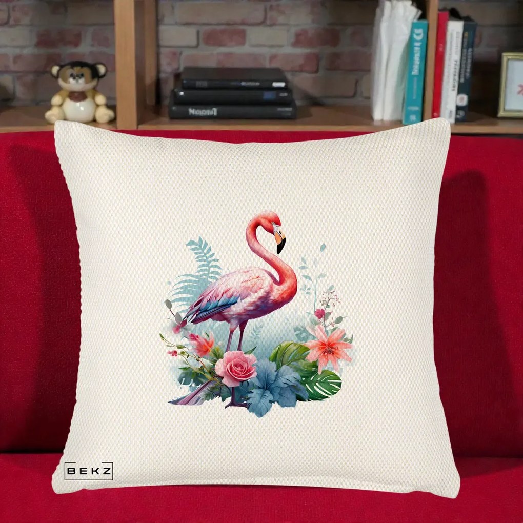 Perna Decorativa Flamingo cu Flori Tropicale Acuarela, 40x40 cm, Crem Reliefat, Husa Detasabila, Perna Inclusa, BEKZ®