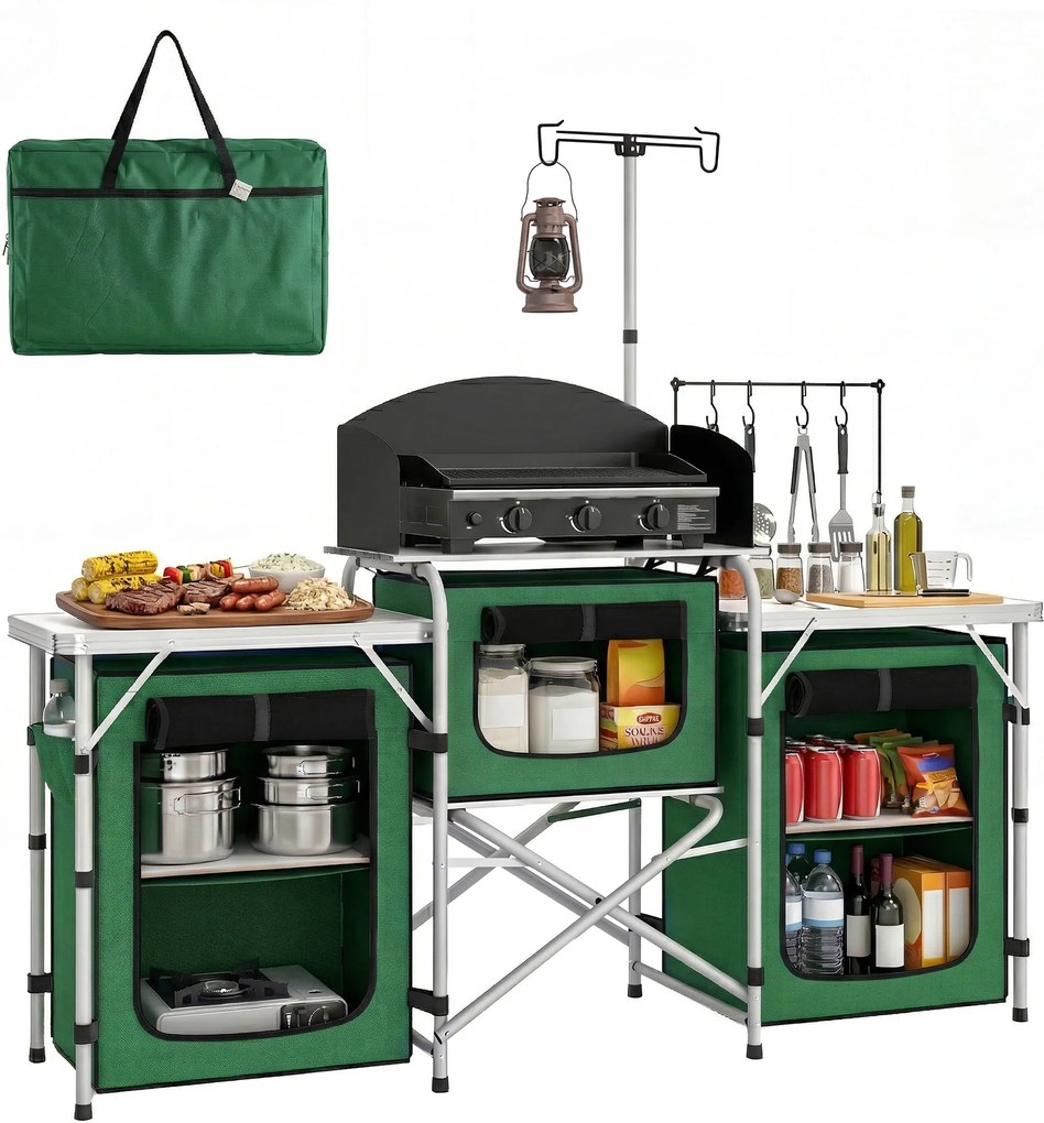 Outsunny Mobilier de Bucătărie pentru Camping Pliabil cu 3 Blaturi, 4 Cârlige, Stâlp de Lumină și Husă de Transport 172x48x119 cm Verde | Aosom Romania