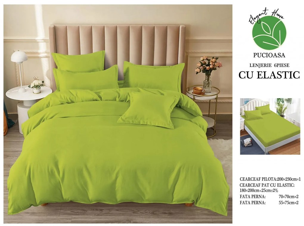 Lenjerie pat dublu, cu elastic, 6 piese - Uni Verde