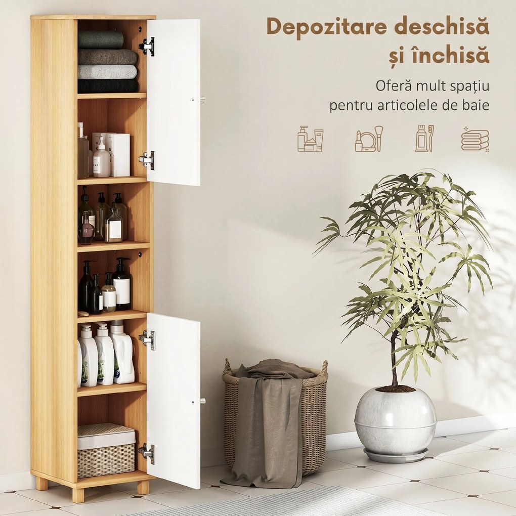 HOMCOM Dulap de Baie înalt cu Uși, 2 Rafturi Deschise, 2 Dulapuri, Dulap de Baie Economisitor de Spațiu cu Rafturi Reglabile pentru Sala de Mese Sufragerie, 30x30x166 cm, Alb și Lemn | Aosom Romania