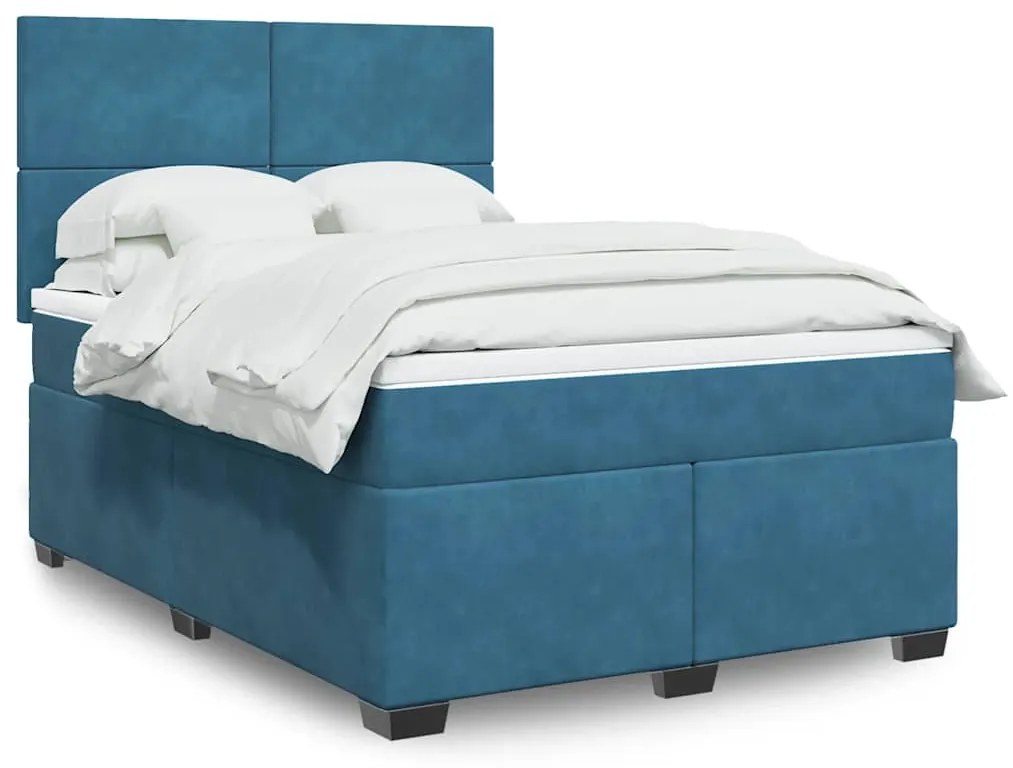 vidaXL Pat box spring cu saltea, albastru, 140x190 cm, catifea