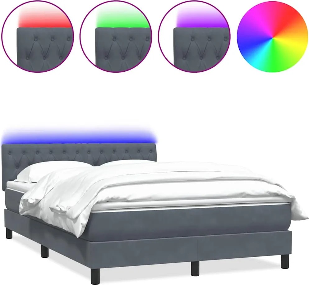 vidaXL Pat cu arcuri cu saltea și LED, gri închis, 140x220 cm, catifea