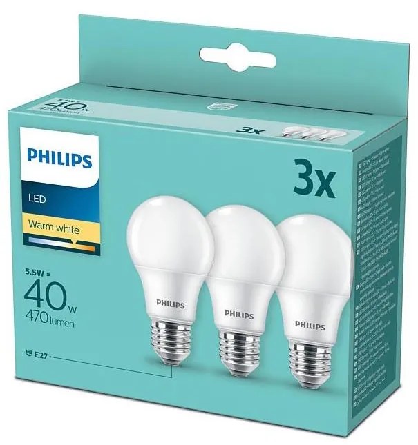 SET 3x bec LED E27/5,5W/230V 2700K Philips