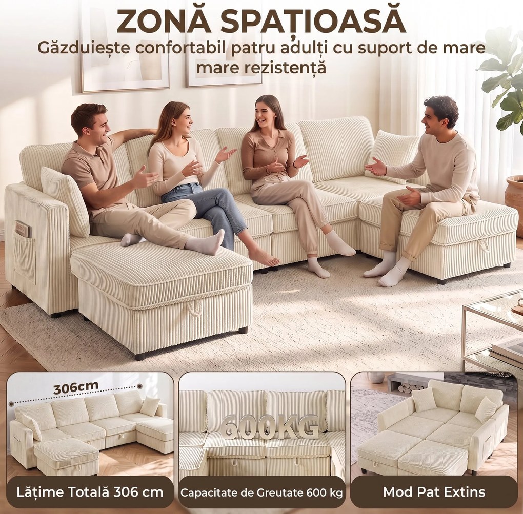 HOMCOM Canapea Modulară în U cu 4 Locuri, 2 Pufuri cu Depozitare, Catifea Reiată, 306x153x85 cm, Crem | Aosom Romania