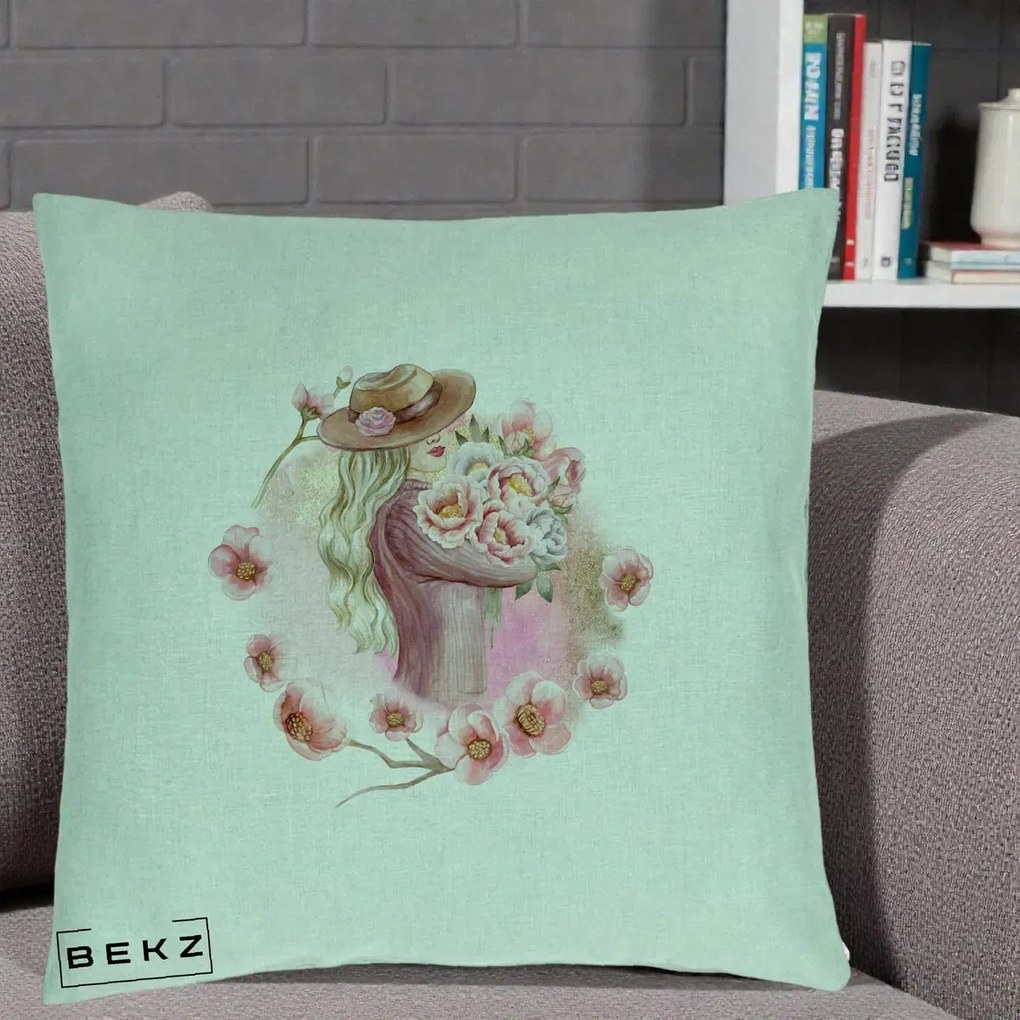 Perna Decorativa Femeie cu Flori Roz Acuarela, 40x40 cm, Verde Menta, Husa Detasabila, Perna Inclusa, BEKZ®