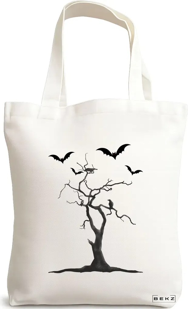 Sacosa de Panza pentru Cumparaturi, Geanta Tote, model The Haunted Tree, 38x34.5 cm, Alba, BEKZ®
