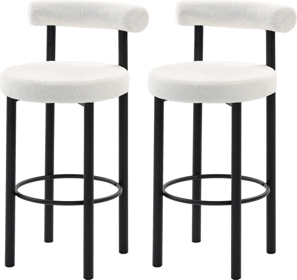 HOMCOM Set de 2 taburete de bar, scaune de bar din țesătură bouclette cu spătar curbat, suport pentru picioare, 50x52,5x98cm, crem | Aosom Romania