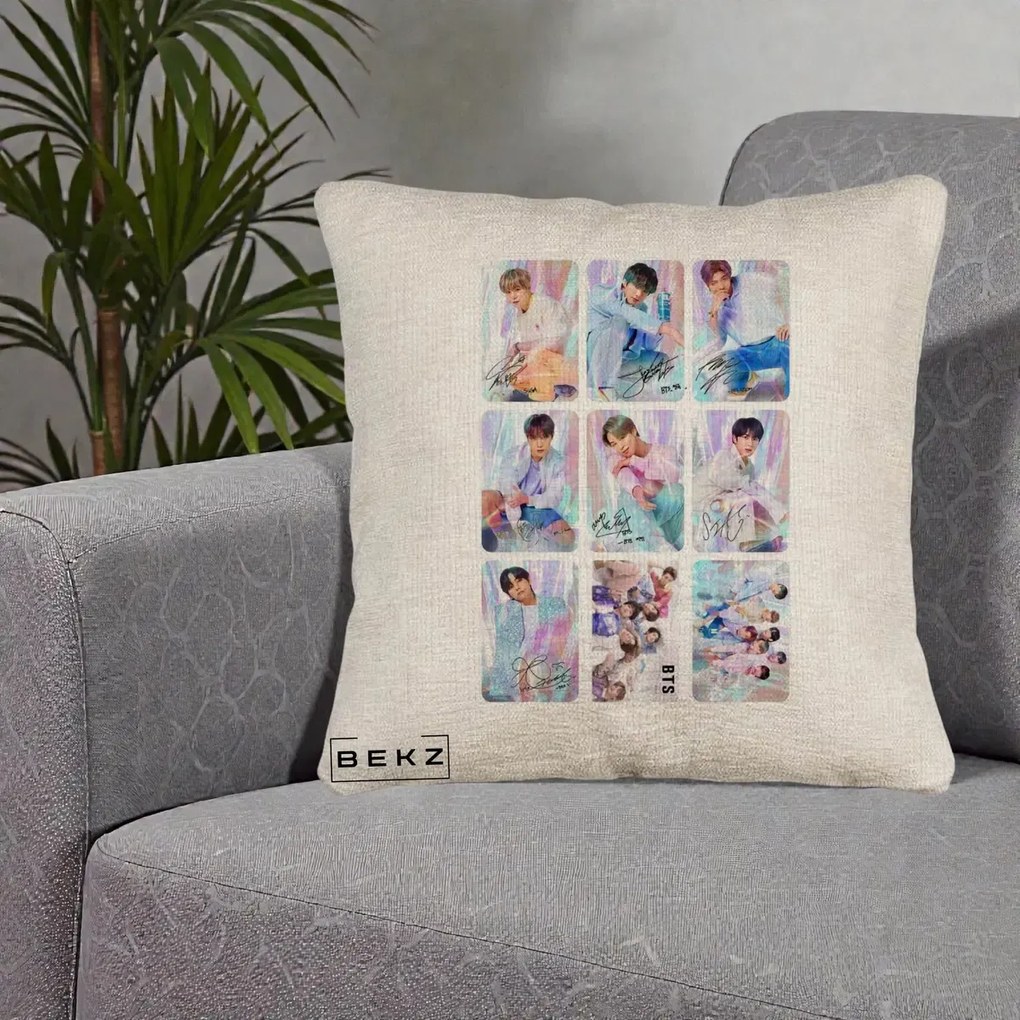 Perna Personalizata K-pop BTS Colaj 9 Fotografii Autografe Individual, 40x40 cm, Bej Canapea, Husa Detasabila, Perna Inclusa, BEKZ®