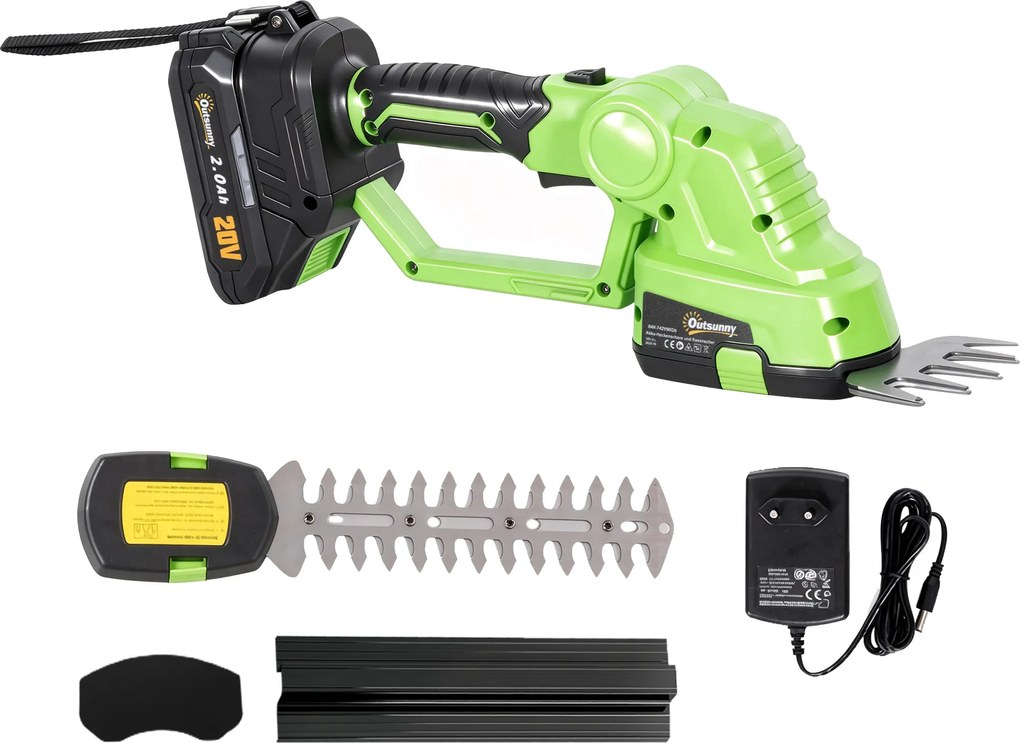 Outsunny 2-în-1 Foarfecă cu acumulator pentru gard viu, foarfecă electrică pentru gard viu &amp; tufe cu lungime de tăiere 20/10 cm, încărcător | Aosom Romania